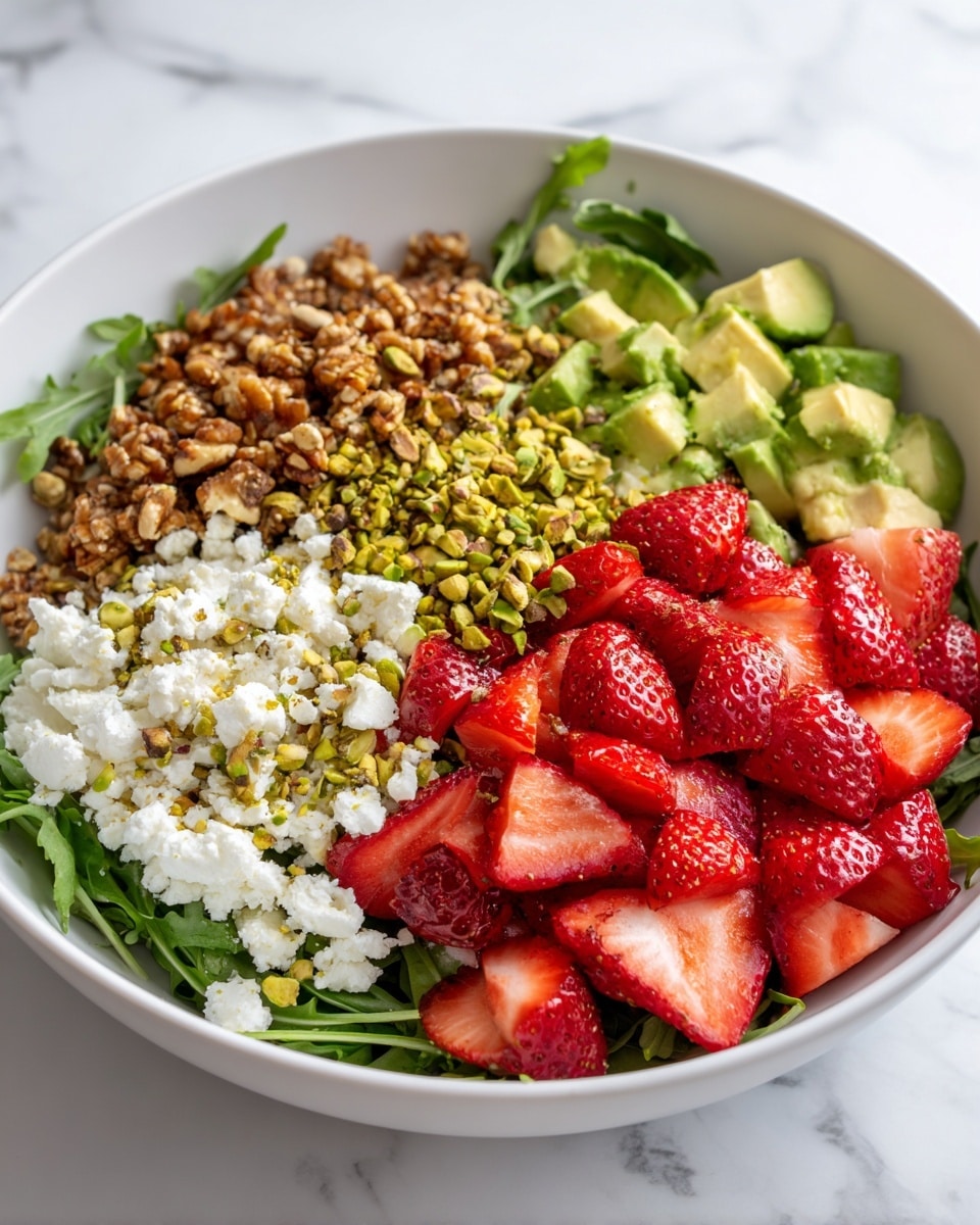 A white bowl filled with a colorful salad on a white marbled surface. The bottom layer is green arugula leaves. On top, there are five separate sections: bright red sliced strawberries, small crunchy brown nuts or granola, light green diced avocado cubes, white soft crumbled cheese, and chopped green pistachios sprinkled near the strawberries. The salad is fresh, vibrant, and neatly arranged. Photo taken with an iphone --ar 4:5 --v 7