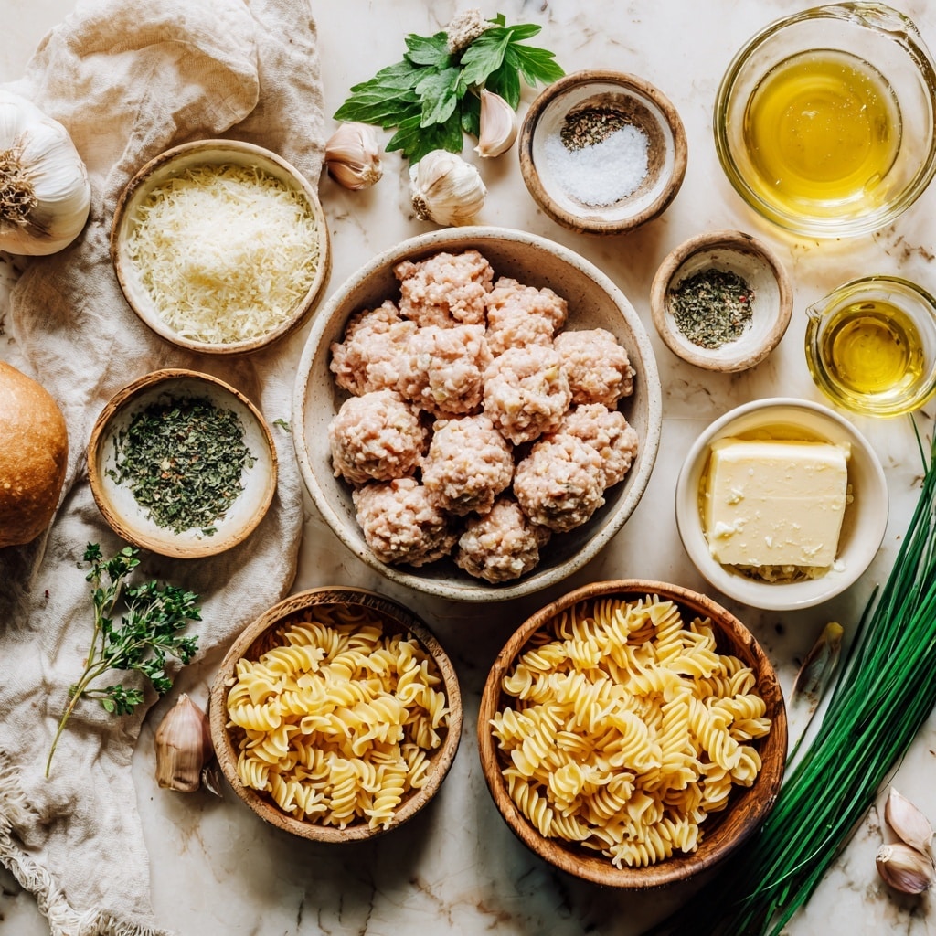 A white bowl holds three browned meatballs placed near the center on top of a bed of curly pasta with wavy edges in a light golden color, mixed with small green herb pieces scattered throughout. The pasta has a slightly oily texture, sprinkled with grated cheese that adds a fine white dusting on the meatballs and noodles. A shiny gold fork rests inside the bowl on the right side, its handle extending outwards. The bowl is set on a white marbled surface that adds a soft pattern and light warmth to the scene. Photo taken with an iphone --ar 4:5 --v 7