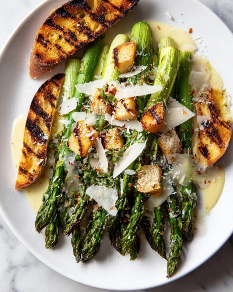 Grilled Asparagus Caesar Salad with Sourdough Croutons Recipe