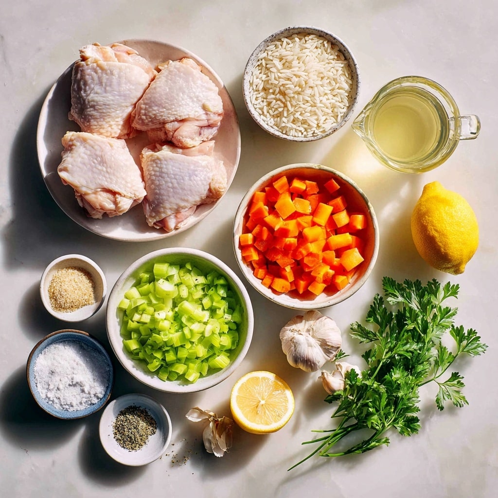 A white bowl with a blue floral pattern is filled with clear broth soup layered with white rice, chunks of cooked light brown chicken, bright orange carrot pieces, translucent green celery pieces, and fresh green parsley leaves scattered on top. A spoon rests inside the soup, dipping into the right side of the bowl. The bowl sits on a white marbled textured tablecloth with a white cloth napkin nearby. To the top left, there is a lit yellow candle on a small silver tray, and to the top right, a small vase holds soft pink carnations. A white bowl with a green vine pattern filled with white rice is partly visible on the right side. photo taken with an iphone --ar 4:5 --v 7