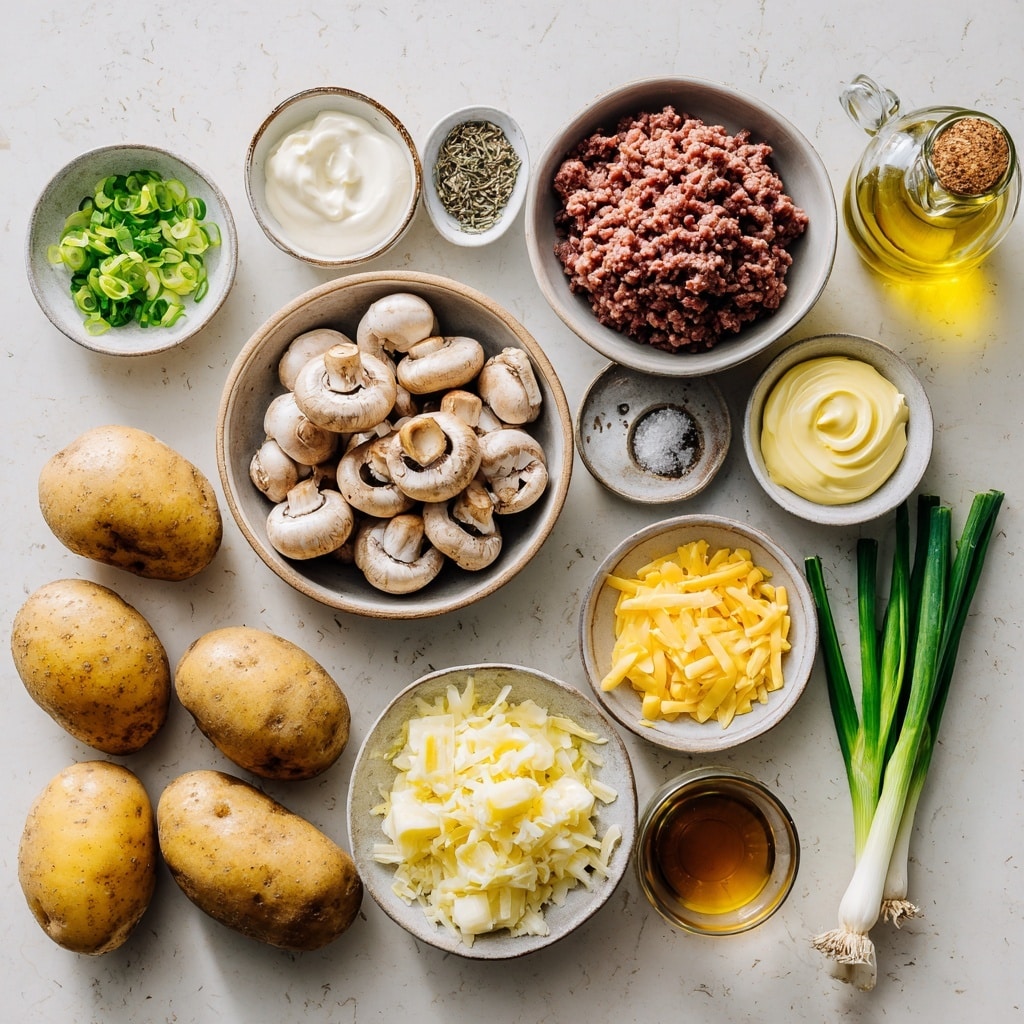 A top view of a beige pan filled with cooked ground meat mixed with small pieces of dark brown mushrooms and scattered thin strips of melted yellow cheese on top. The pan has a short handle and is placed on a white marbled surface. The mixture inside looks browned and slightly crispy around the edges with melted cheese stringy in some parts. Photo taken with an iphone --ar 4:5 --v 7