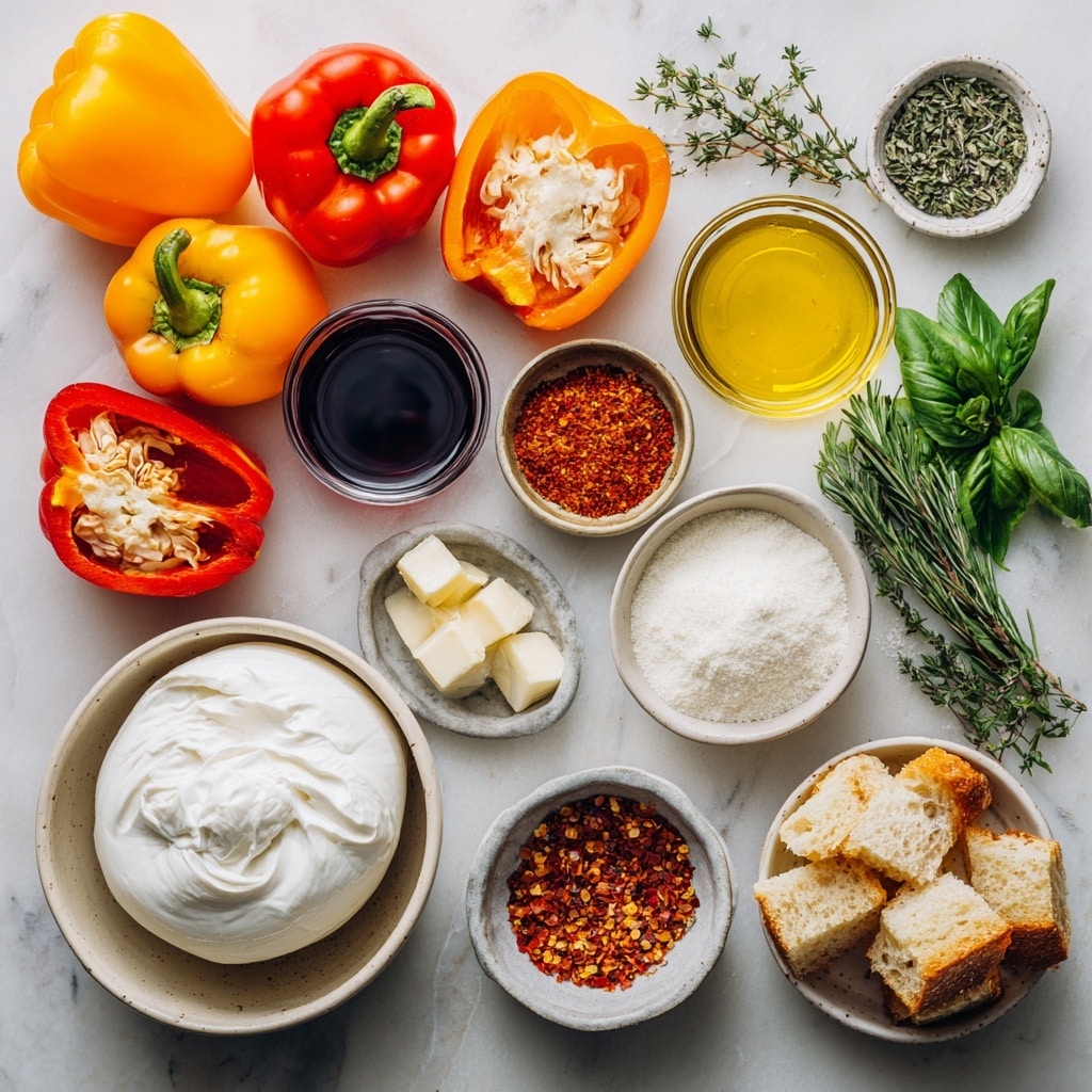 The image shows a baking tray filled with halves of red and yellow bell peppers arranged in two rows and some scattered, lying flat with their hollow insides visible. Each bell pepper half has a shiny, smooth texture with the inner ribbing and seeds mostly removed, and is sprinkled with black pepper and coarse salt. The stems are still attached, showing bright green color and fresh texture. The tray sits on a white marbled surface that adds a clean, bright background to the vibrant colors of the peppers. photo taken with an iphone --ar 4:5 --v 7