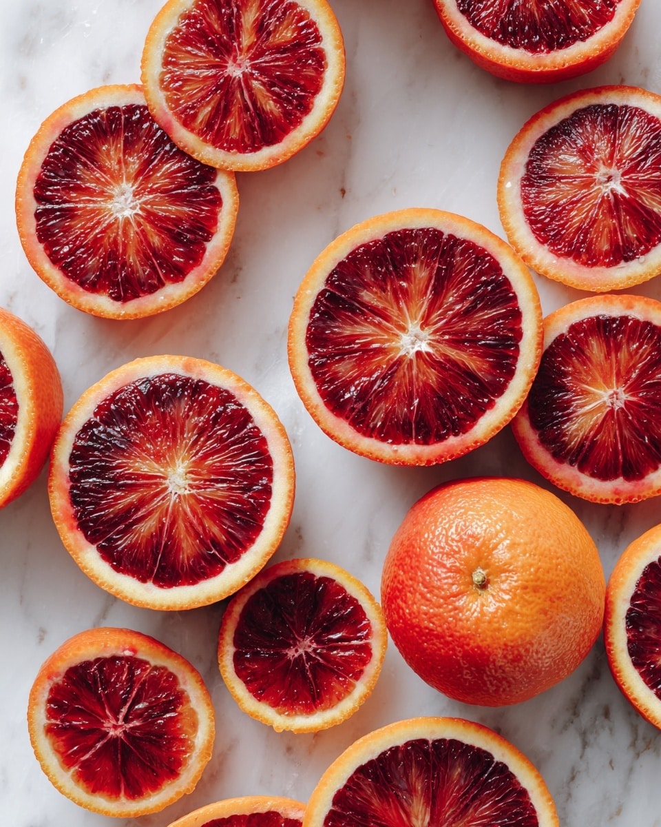 The image shows many round slices of blood oranges arranged randomly on a white marbled surface. Each slice has a thin bright orange rind with a juicy, deep red inner flesh, creating a rich red and orange color contrast. Some of the oranges are whole or partly peeled, showing a bright orange skin with a rough texture. The inside of the peeled oranges reveals a mix of red and orange pulp, moist and glossy. The layers of orange sections show different sizes; some are thick slices, while others are thin and translucent. Photo taken with an iphone --ar 4:5 --v 7