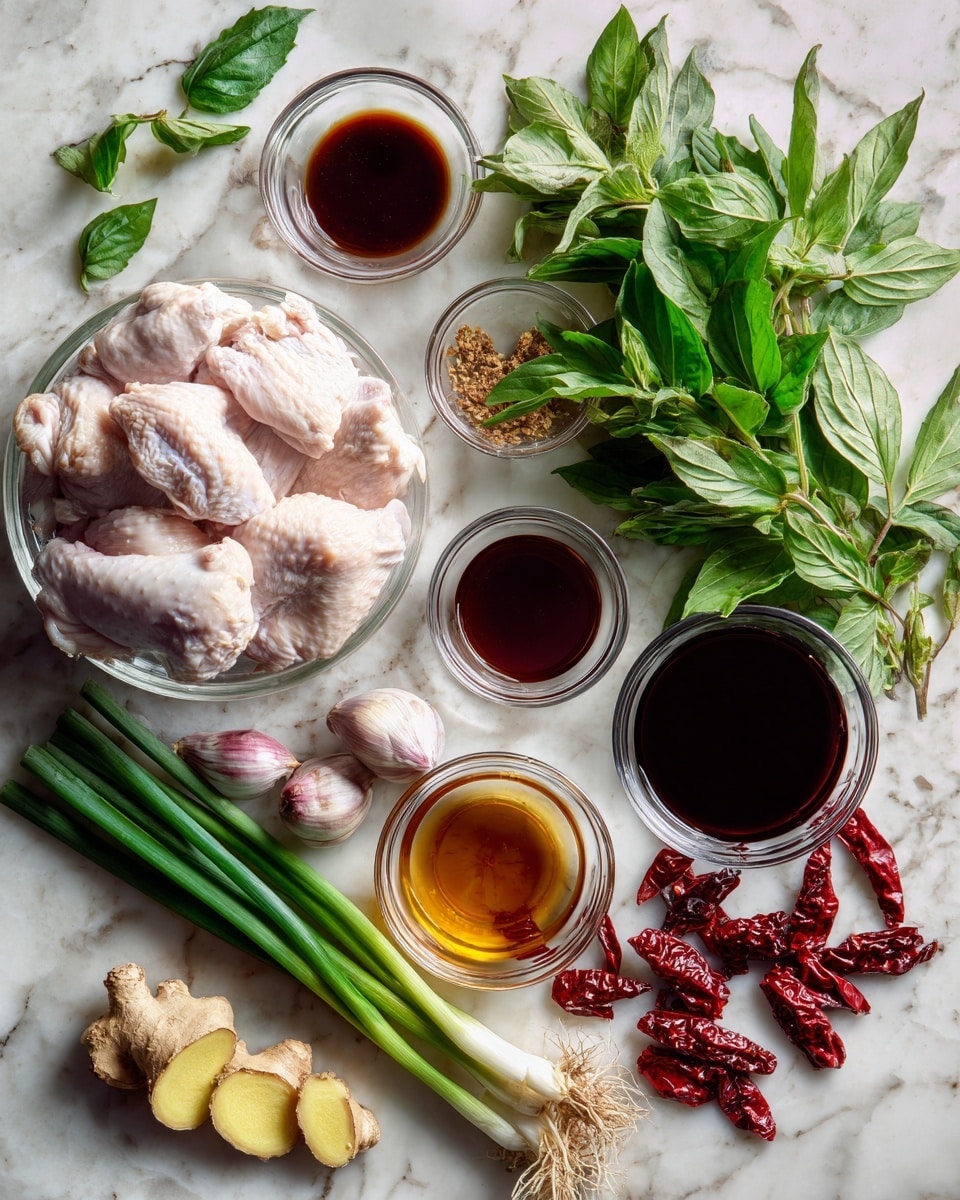 The image shows ingredients neatly arranged on a white marbled surface. There are multiple clear glass bowls with dark brown and amber liquids positioned near the corners. A bowl of raw chicken with pale pink and white skin is placed on the left side. Fresh green herbs, including basil leaves, and green onions with purple bases lay in the center. Several peeled garlic cloves, loose dried red chili peppers, and thin slices of fresh ginger root with a pale yellow color are scattered around the herbs. The colors are natural and fresh, with a mix of greens, reds, and earthy tones. Photo taken with an iphone --ar 4:5 --v 7