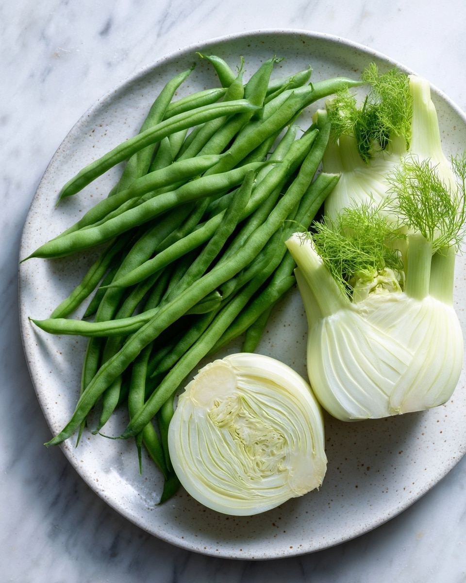 A white plate with a rough texture holds a group of fresh green beans on the left side and two halves of a fennel bulb on the right side. The green beans are smooth and long with a light shine. The fennel bulbs are pale green with fine vertical lines, and each half shows bright green feathery fronds at the top, adding a delicate touch. A few green beans lie loosely on the white marbled surface next to the plate. The photo is bright and clean, with soft natural lighting that highlights the fresh vegetables' colors and details. photo taken with an iphone --ar 4:5 --v 7