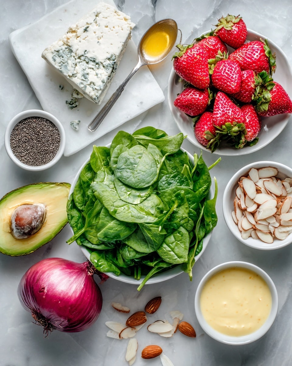 A round white speckled plate holds three groups of chopped ingredients arranged side by side: bright red strawberry pieces on the left, pale green avocado chunks in the center, and thinly sliced light purple onion rings on the right. A knife with a wooden handle rests diagonally on the right side of the plate. Around the plate, sliced strawberries sit on the white marbled surface, while a white bowl filled with almond slices is placed on the lower left, and a white ceramic cup with green dressing is on the upper right. A yellow cloth is partially visible at the bottom right corner. photo taken with an iphone --ar 4:5 --v 7