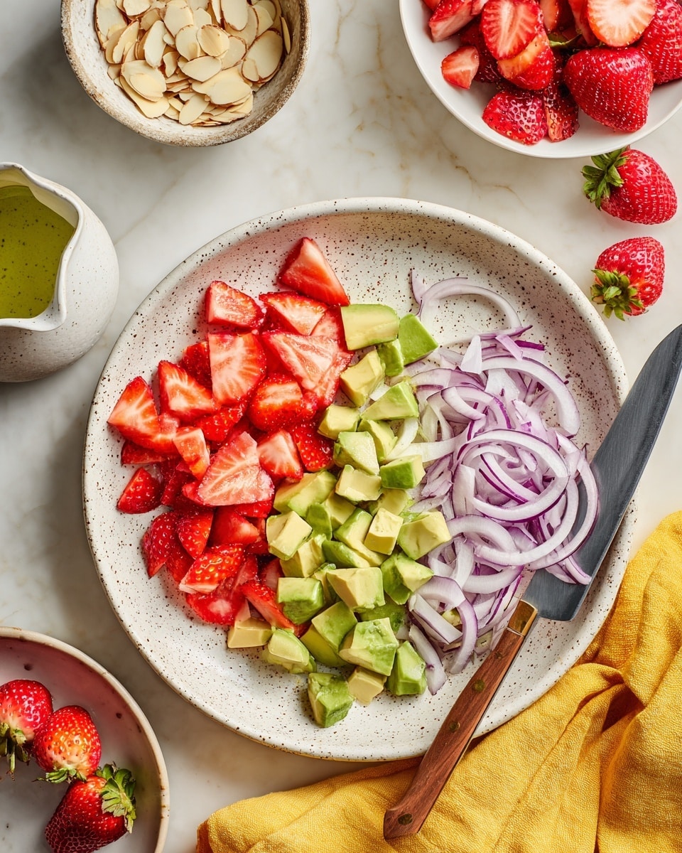 A white bowl filled with fresh green spinach leaves forms the base layer. On top of the spinach, there are slices of bright red strawberries and light green avocado wedges arranged evenly around the bowl. Thin slices of purple onion and white almond slivers are scattered between the strawberries and avocado. Crumbled blue cheese, pale white with blue-gray spots, is spread on top of the fruits and vegetables. A white spoon held by a woman's hand is pouring a light yellow dressing with small black specks over the salad. The bowl sits on a white marbled surface with a mustard-yellow cloth nearby. Photo taken with an iphone --ar 4:5 --v 7