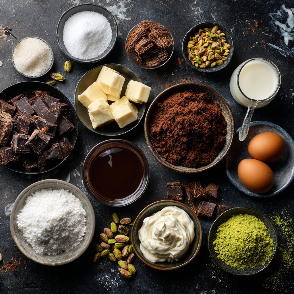 A clear glass bowl sits on a white marbled surface, filled with four visible layers: a bottom dark brown smooth liquid layer, a medium brown creamy layer on the left, a pile of dark brown powder on the top center, and a mound of light beige powder on the right side. A whisk with a light wooden handle is resting inside the bowl, touching all layers. In the upper left corner, there is a white bowl filled with green and brown pistachio nuts, with some scattered on the surface nearby. A white cloth is partially visible in the upper right corner photo taken with an iphone --ar 4:5 --v 7