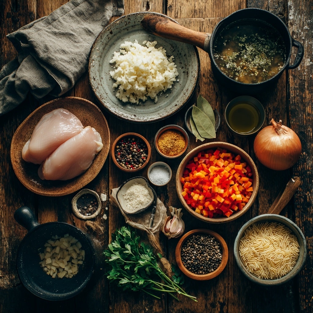 A deep bowl with a blue floral pattern holds a creamy chicken soup with visible shredded white chicken pieces, small diced orange carrots, and red bell peppers, all mixed in a clear broth with chopped green herbs sprinkled on top. A golden spoon rests inside the bowl. Nearby, a white plate contains two lemon halves positioned on top of fresh green parsley sprigs. The setting is on a white marbled surface with a white cloth napkin partially under the plate. Photo taken with an iphone --ar 4:5 --v 7