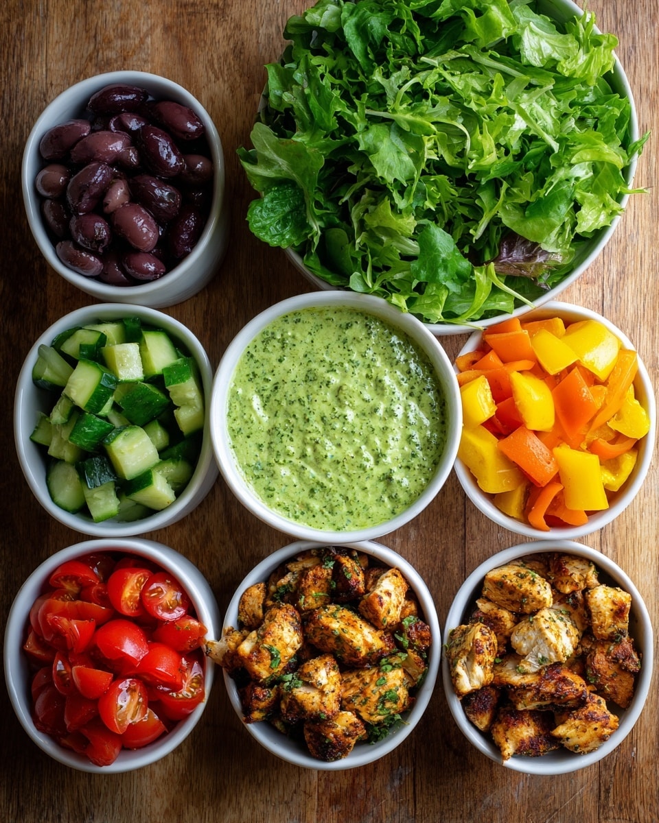 A large white bowl holds a colorful salad with many layers: chopped purple onions at the top left, bright yellow bell peppers next to them, chunks of grilled brown chicken with grill marks in the center, and green cucumber slices to the top right. Below the chicken, there are black olives on the right, bright red cherry tomatoes at the bottom left, and orange bell peppers to the left. All the layers sit on a bed of green lettuce, and a light green creamy sauce is drizzled over the chicken and vegetables. The bowl rests on a white marbled surface photo taken with an iphone --ar 4:5 --v 7