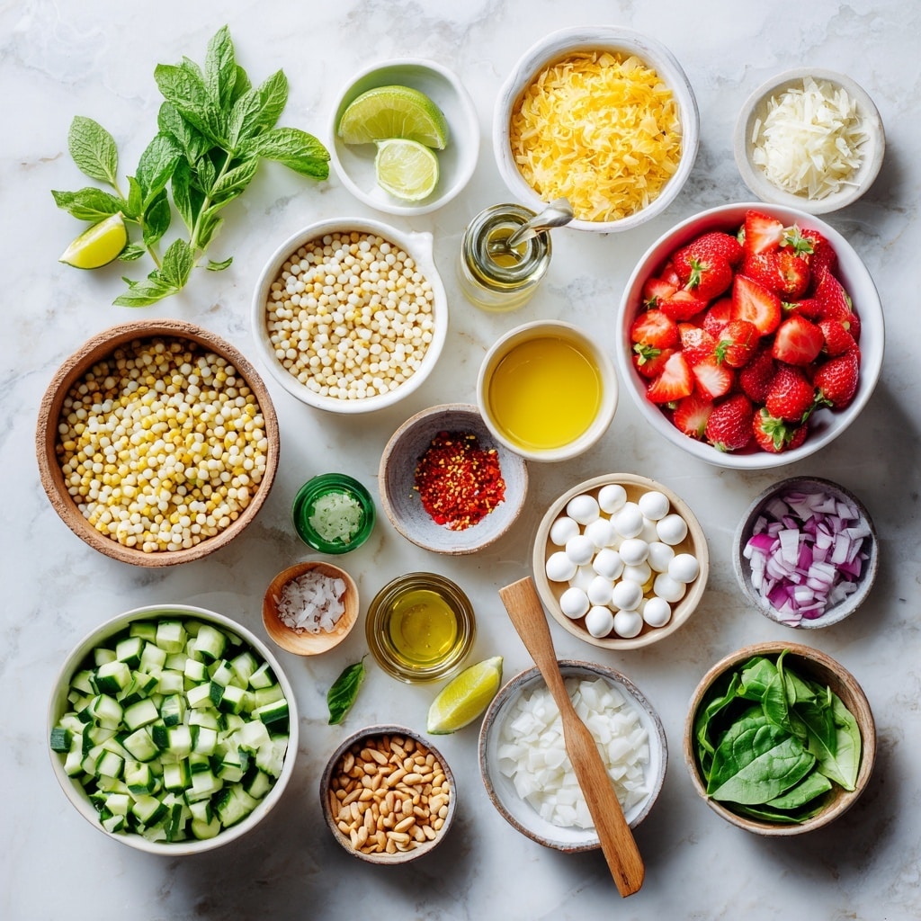 Two white speckled bowls filled with a layered salad sit on a white marbled surface. The salad has three main layers: a base of small lentils mixed with diced cucumbers forming a soft green and beige mix, scattered bright red strawberry pieces adding vibrant pops of color, and small white mozzarella balls dotted throughout. Fresh green basil leaves are sprinkled over the salad along with dollops of green pesto sauce that add texture and color contrast. A green glass of water and seasoning containers are placed nearby, with some fresh basil leaves and cracked black pepper scattered on the surface. A pale pink cloth napkin is partially visible at the right edge of the image. photo taken with an iphone --ar 4:5 --v 7