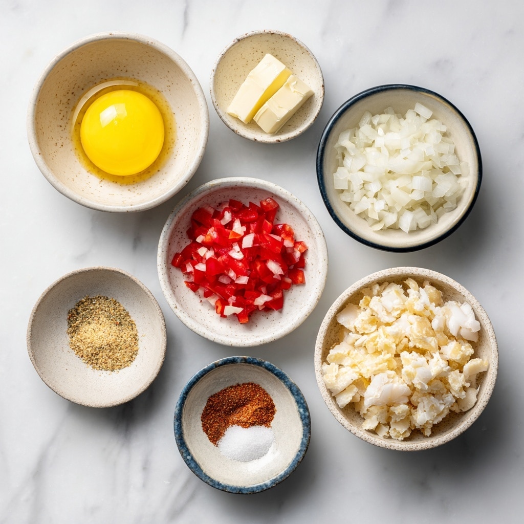 A clear glass bowl sits on a white marbled surface, containing several separate ingredients arranged like small piles. The largest pile is shredded white crab meat in the top right. To the right of the crab meat is chopped fresh green herbs. Below the herbs is a small dollop of pale yellow mayonnaise. Below the mayonnaise is a mix of finely chopped orange-red roasted red peppers and onions. To the left of the crab meat is a small pile of light beige breadcrumbs. Above the breadcrumbs and to the left is a small pile of reddish-brown spice mix. Below the breadcrumbs is another small pile of brown spice mix. Photo taken with an iphone --ar 4:5 --v 7