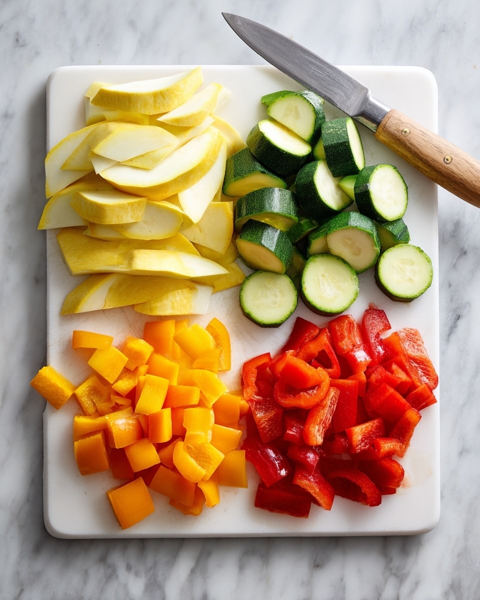 The image shows a white cutting board on a white marbled surface with four groups of freshly cut vegetables neatly arranged. On the top left, there are pale yellow slices of yellow squash, cut into wedges with a soft texture. To the right of the squash, there are green zucchini slices cut into half-moon shapes with dark green skin and light green flesh. Below the yellow squash, there are cubed orange bell peppers with a smooth and shiny texture. Lastly, on the bottom right, there are red bell pepper cubes with a vibrant color and slightly glossy surface. A knife with a wooden handle rests on the top right corner of the cutting board. Photo taken with an iphone --ar 4:5 --v 7