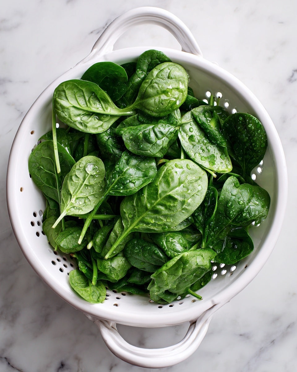 A white colander filled with many fresh, bright green spinach leaves, some leaves have small droplets of water on them, showing they are just washed. The colander has two handles and sits on a white marbled surface, giving a clean and fresh look. photo taken with an iphone --ar 4:5 --v 7