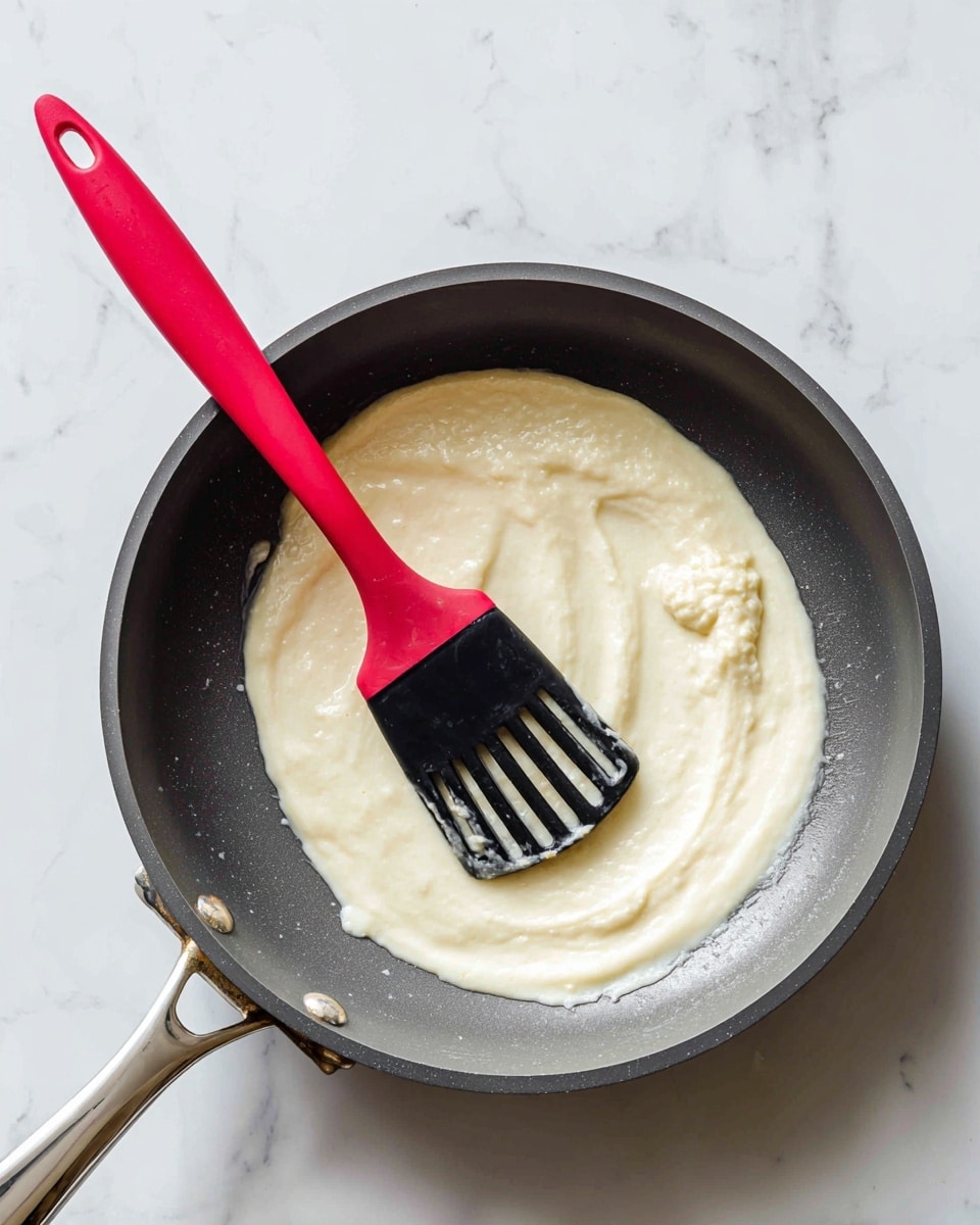 A dark gray frying pan with a silver handle sits on a white marbled surface. Inside the pan, there is a creamy white sauce with a thick texture, spread unevenly across the bottom. A black spatula with a bright red silicone head rests in the pan, partially covered with the creamy sauce, angled slightly to the right. The sauce has small lumps and a smooth, rich appearance, with some of it stuck near the edges of the pan. photo taken with an iphone --ar 4:5 --v 7