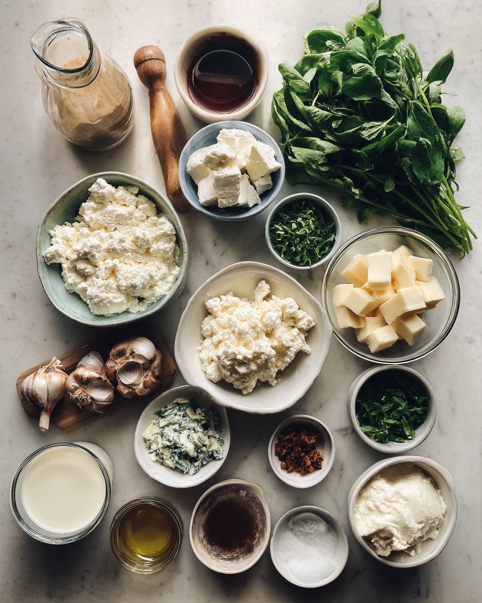 A clear glass bowl on a white marbled surface holds six separate layers of ingredients arranged in a circle. Starting from the top left, there are small cubed cooked chicken pieces in a light beige color with visible black pepper specks. To the right, a pile of shredded pale yellow cheese sits next to a mound of white cream cheese. Below that, there is fine grated parmesan cheese in white. Next to it, chopped light green artichoke hearts are visible. Near the bottom left, there is a dark green layer of cooked spinach, and in the center, a small pile of finely minced garlic mingles with light green chopped scallions. The ingredients are neat and not mixed. Photo taken with an iphone --ar 4:5 --v 7