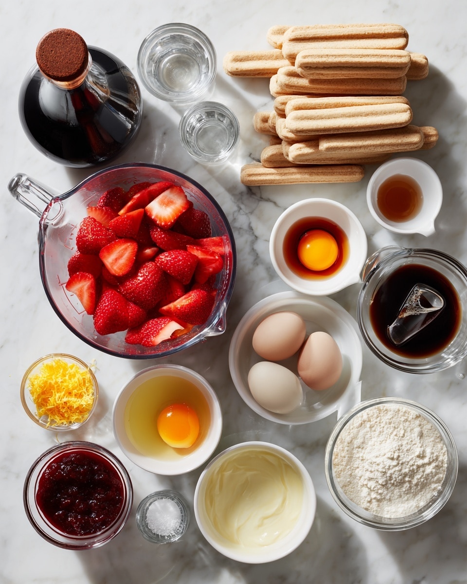 The image shows a top view of various ingredients arranged on a white marbled surface. In the center is a clear glass measuring cup filled with sliced bright red strawberries. Around it are several small white bowls, one with three raw egg yolks, one with a dark brown liquid, one with bright orange zest, and one with a white powdery substance. There is also a small measuring cup with a dark red jam-like substance, a glass bowl with a pale yellow liquid, a glass container with a creamy white liquid, a clear glass bowl with a white creamy mixture, and a pack of light brown ladyfinger biscuits arranged neatly. A large dark bottle with a brown cap sits in the top left corner, and a small shot glass of clear liquid is placed beside it. The layout is clean and organized, with all the containers and ingredients clearly visible. photo taken with an iphone --ar 4:5 --v 7
