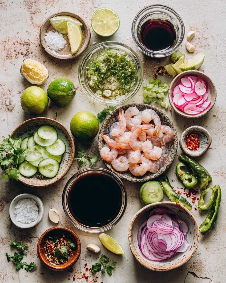 A rustic bowl filled with a clear green broth, layered with plump shrimp, thin round slices of cucumber, and pale purple crescent-shaped slices of red onion, scattered with small green jalapeño rings and fresh cilantro leaves. The broth has a smooth texture with tiny bits of herbs floating in it. Around the bowl, there are three yellow tortilla chips resting on the white marbled surface and two lime wedges placed near the bowl's edge on a light green cloth napkin. Small red chili flakes are sprinkled both in the broth and on the surface around the bowl. photo taken with an iphone --ar 4:5 --v 7