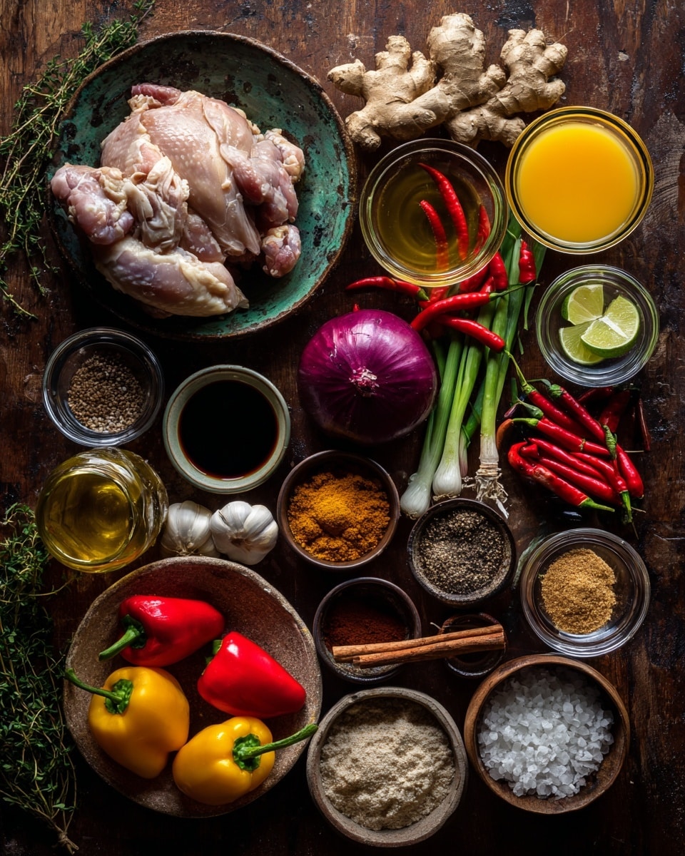 The image shows two clear food processor bowls side by side on a white marbled surface. The left bowl contains colorful fresh ingredients layered: light green chopped spring onions and garlic cloves, red and yellow chopped peppers around the edges, dark green fresh herbs on top, and a heap of brown and beige spices and pastes in the center. The right bowl displays the blended result, a thick, smooth dark reddish-brown sauce with small visible bits of seeds and spices evenly mixed throughout. The photo taken with an iphone --ar 4:5 --v 7