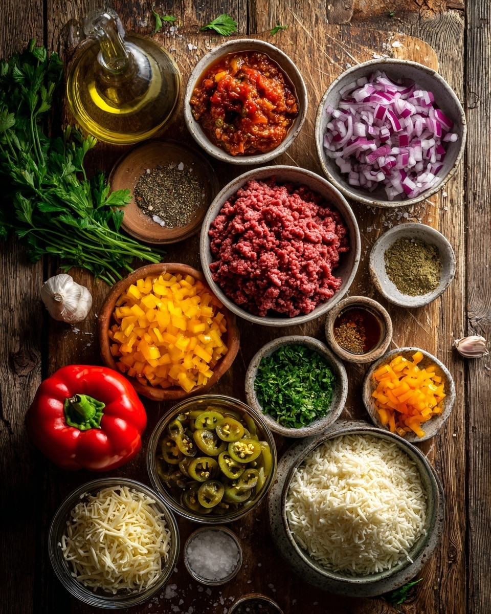 The image shows a black pan with a white handle on a white marbled surface. Inside the pan, there is a cooked mixture made of ground meat, chopped red and yellow bell peppers, and small bits of onions, mixed together with some sauce creating a textured, colorful base layer. On the right side of the image, a woman's hand is sprinkling a second layer of shredded white cheese evenly over the meat and vegetable mix, adding a soft and slightly stringy texture on top. The whole scene is bright and clear, focusing on the cooking process photo taken with an iphone --ar 4:5 --v 7