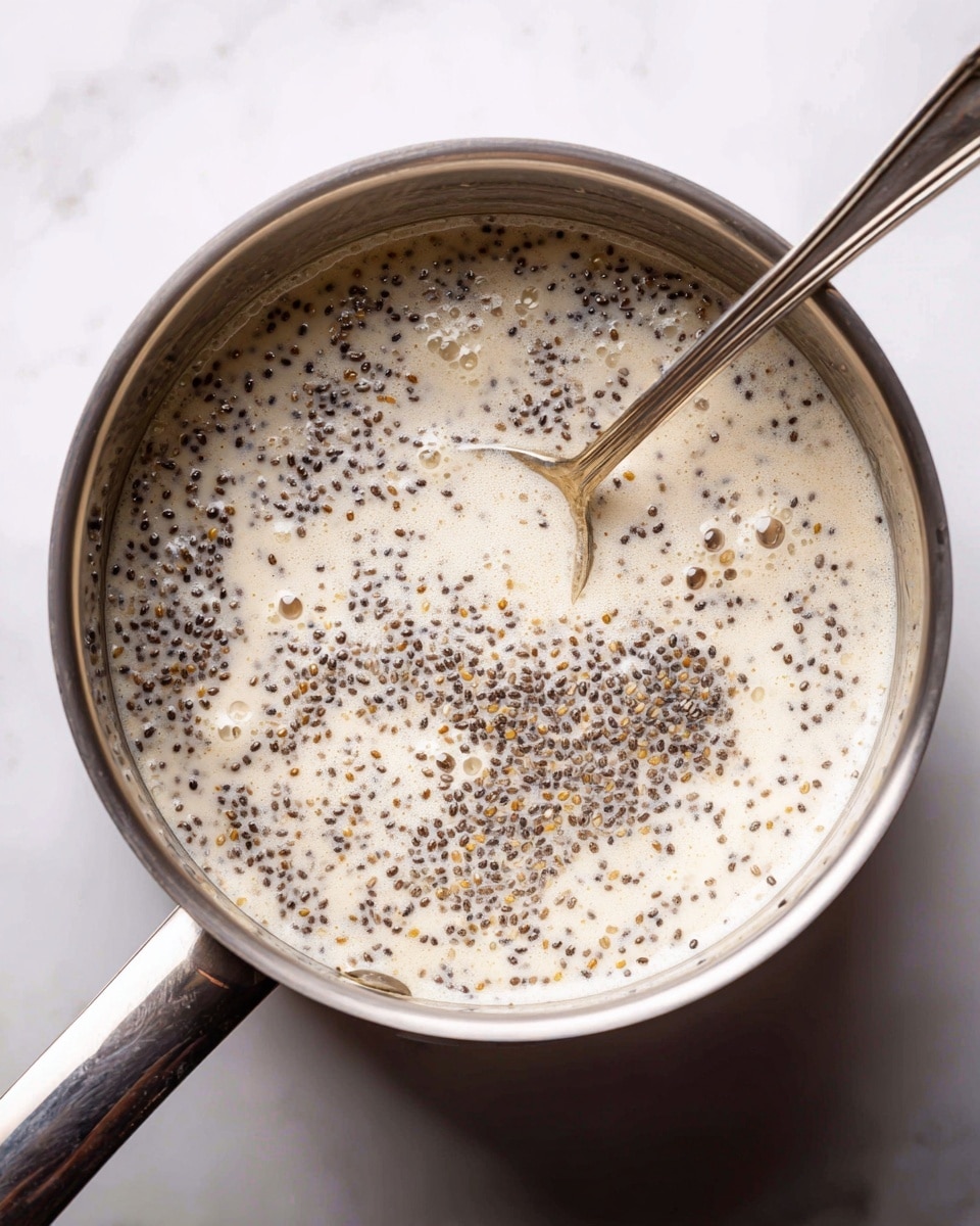 A close-up view of a stainless steel pot on a stove, filled with a creamy liquid mixed with many small black chia seeds and some light brown bits. The liquid looks smooth and frothy, with tiny bubbles on the surface, and a silver spoon is placed inside the pot stirring the mixture. The colors are mainly creamy white with black specks and light brown spots spread evenly, showing a textured mix. The pot’s shiny silver edge frames the mix, and everything sits against a white marbled surface. photo taken with an iphone --ar 4:5 --v 7