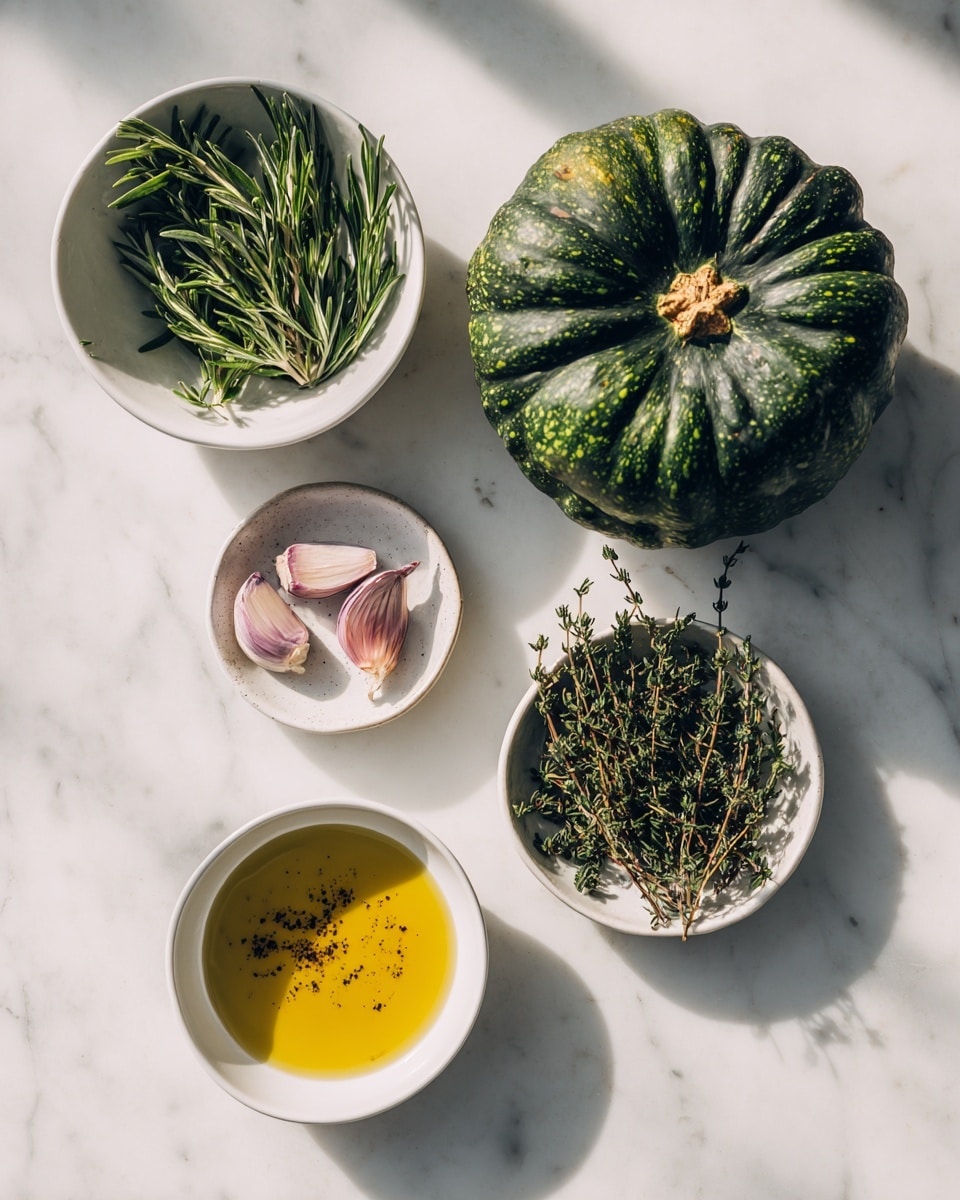 The image shows five main elements arranged on a white marbled surface: a large green pumpkin with rough, ridged skin located in the top right; a white bowl with fresh green rosemary sprigs in the top left; a white bowl filled with dark green fresh thyme sprigs in the center right below the pumpkin; a small round dish holding two light purple garlic cloves positioned near the bottom left; and a white bowl containing golden olive oil with a few black pepper specks, placed at the bottom center. The items are spaced out with natural light casting soft shadows photo taken with an iphone --ar 4:5 --v 7