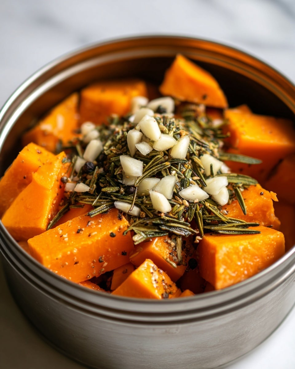 Inside a shiny metal container, there are several pieces of chopped orange squash with green rinds, layered loosely and unevenly. On top of the squash, there is a pile of small chopped white garlic pieces and green rosemary needles mixed with some black pepper. The colors show a mix of deep orange from the squash and dark green from the herbs, giving a fresh and earthy look. The background has a soft white marbled texture. photo taken with an iphone --ar 4:5 --v 7