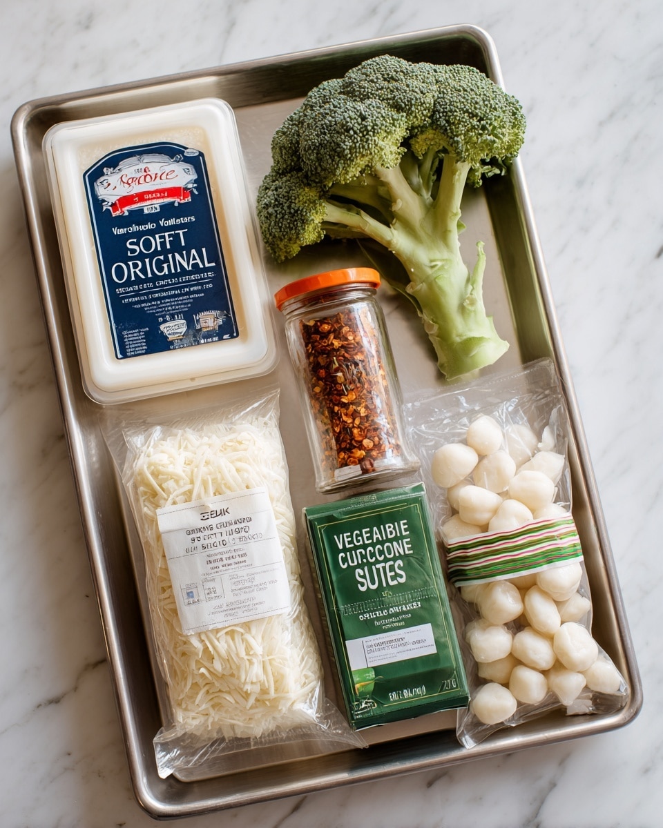 A round black skillet holds a baked dish with three main layers. The bottom layer is pasta shells, pale yellow with a smooth texture. On top of the pasta, bright green broccoli pieces are scattered evenly. The top layer is melted cheese, golden yellow with browned spots, bubbling and spilling slightly over the skillet edge. Small green parsley leaves are sprinkled across the cheese. The skillet is set on a white marbled surface with a gray cloth napkin nearby. Photo taken with an iphone --ar 4:5 --v 7