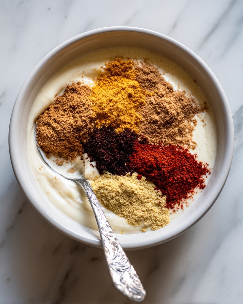 The image shows a white bowl on a white marbled surface with a mix of colorful spices and a creamy white base at the bottom. There are five visible spice layers: a bright red powder at the bottom center, a dark brown layer above the red, a light brown spice to the right of the dark brown, a mustard yellow spice just above and slightly to the right of the dark brown, and another slightly darker yellow-brown spice above and to the left of the mustard yellow. A silver spoon with a white marbled pattern rests inside the bowl on the left side, partially covered by the creamy mixture and spices. Photo taken with an iphone --ar 4:5 --v 7