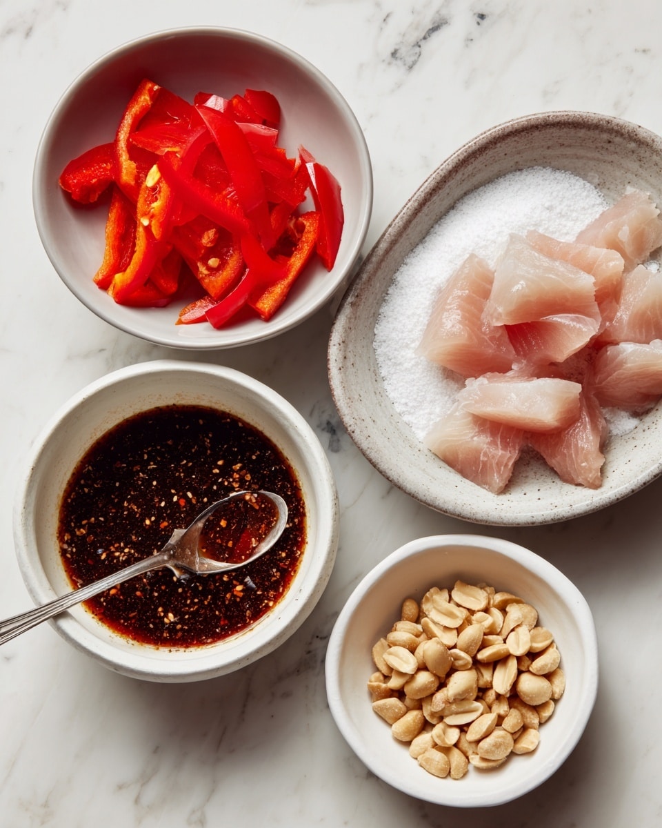 A top-down view of four small white bowls set on a white marbled surface. The largest bowl on the left contains a dark brown sauce with visible specks, and a spoon rests inside. To the right, a slightly irregular-shaped bowl holds pieces of raw light pink fish on top of white powder. Above it, a bowl is filled with bright red sliced bell peppers, and below, another bowl contains light brown roasted peanuts. Photo taken with an iphone --ar 4:5 --v 7