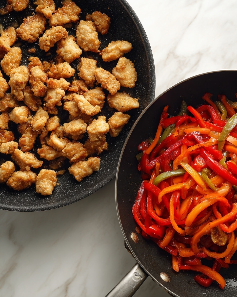 The image shows two frying pans side by side on a white marbled surface. The left pan holds small golden-brown fried pieces of chicken with a crispy texture, evenly spread across the black pan surface. The chicken pieces show a lightly browned crust and some oil glistening around them. The right pan contains the same chicken pieces mixed with bright red sliced bell peppers, the peppers are long, thin, and slightly cooked but still vibrant. The mixture in the black pan steams gently, showing freshness. Both pans are close up, showing detailed texture of the fried chicken and peppers. Photo taken with an iphone --ar 4:5 --v 7