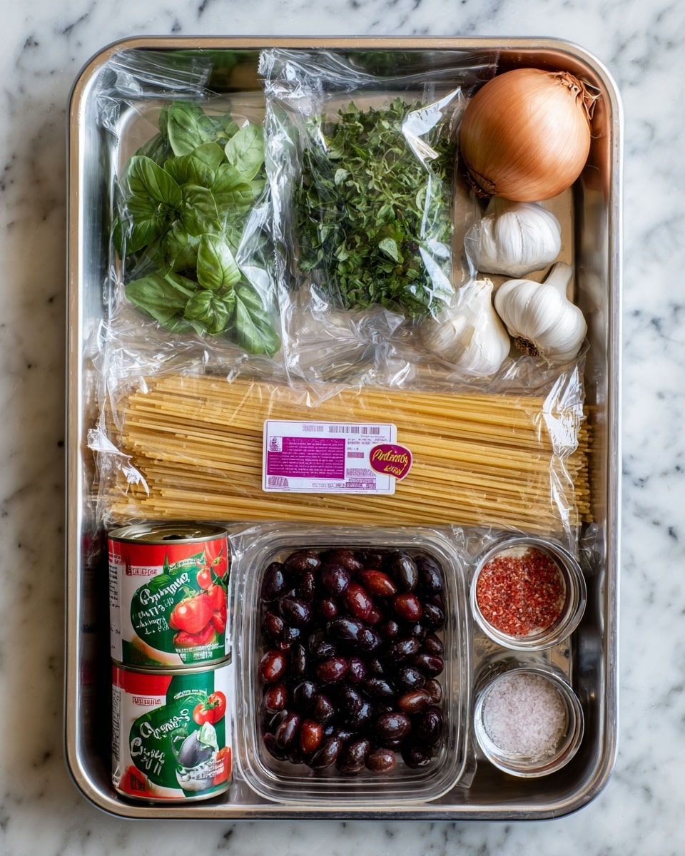 A metal tray holds various cooking ingredients neatly arranged in layers. The top layer has two clear plastic packets with green herbs—one labeled basil with large leaves and the other flat leaf parsley with smaller, curly leaves. To the right of the herbs, there is a whole brown onion, next to small containers of crushed chili and pink salt. Below these spices, towards the right corner, a three-bulb white garlic cluster is placed with a purple label. The middle layer features a flat pack of spaghetti pasta in clear plastic with a green and red label. The bottom layer has a dark jar filled with large black Kalamata olives on the left, and in the middle are two cans with pictures of bright red cherry tomatoes and rich tomato juice. The tray sits on a surface with a white marbled texture. photo taken with an iphone --ar 4:5 --v 7