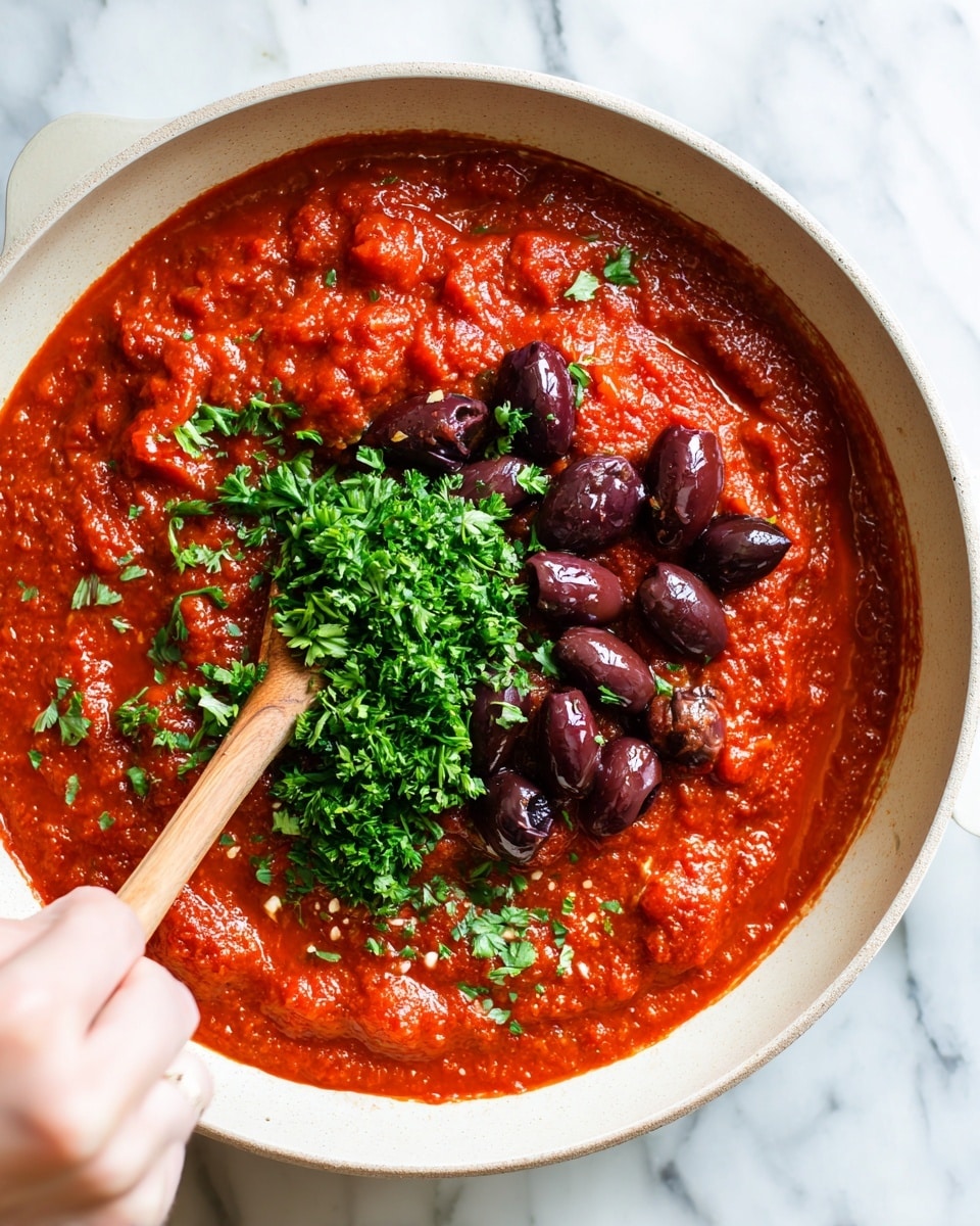 A white pan filled with thick red tomato sauce that has a chunky texture and small whole tomatoes visible. On top in the center are two piles: one of dark purple-black sliced olives and another of finely chopped bright green parsley. A small wooden spoon with a part of a woman's hand holding its light wooden handle rests on the left side, dipping slightly into the sauce. The background is a white marbled surface. Photo taken with an iphone --ar 4:5 --v 7
