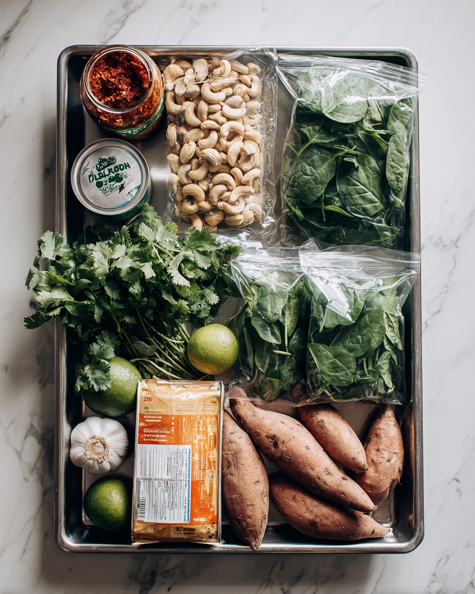 The image shows a large tray filled with various food packages arranged neatly. In the top left, there is a jar of red curry paste next to a can of coconut milk. Towards the center, a clear bag of cashew nuts stands upright. To the right, clear bags of baby spinach and basil lay side by side with visible green leaves inside. On the bottom left, a green bag of coriander shows fresh herb leaves, and near the center bottom, a big clear orange and white bag holds multiple sweet potatoes with their brownish skin visible. Behind the herbs near the tray’s bottom left corner, a whole lime and a garlic bulb rest. The tray is set on a white marbled surface. photo taken with an iphone --ar 4:5 --v 7