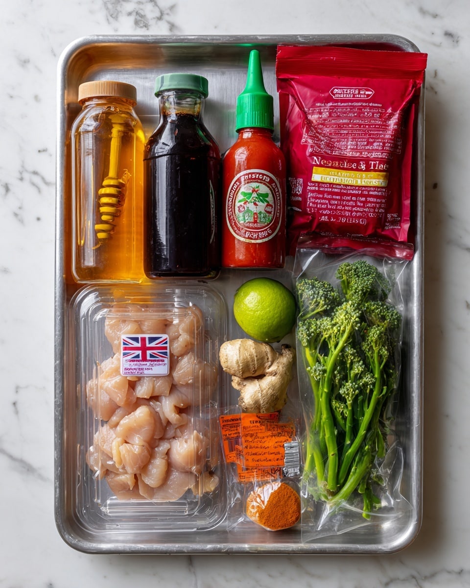 A metal tray holds several cooking ingredients arranged neatly on a white marbled surface. At the top left is a plastic bottle of honey with a tan cap, next to a black bottle of dark soy sauce with a red cap. Beside that is a tall red bottle of sriracha hot chili sauce with a green cap. To the right of the sauce bottles is a red bag of Snackrite dry roasted peanuts. Below these items, at the bottom left of the tray, is a clear plastic pack of British chicken mini fillets showing pale pink meat inside, with a British flag label. Next to the chicken is a small lime, and below the lime is a pack of fresh ginger with a clear front and orange label. To the right of the chicken and ginger, there are some garlic cloves and a small orange bottle of chili powder. The bottom right of the tray contains a clear plastic bag of British tenderstem broccoli with dark green stalks and buds. photo taken with an iphone --ar 4:5 --v 7