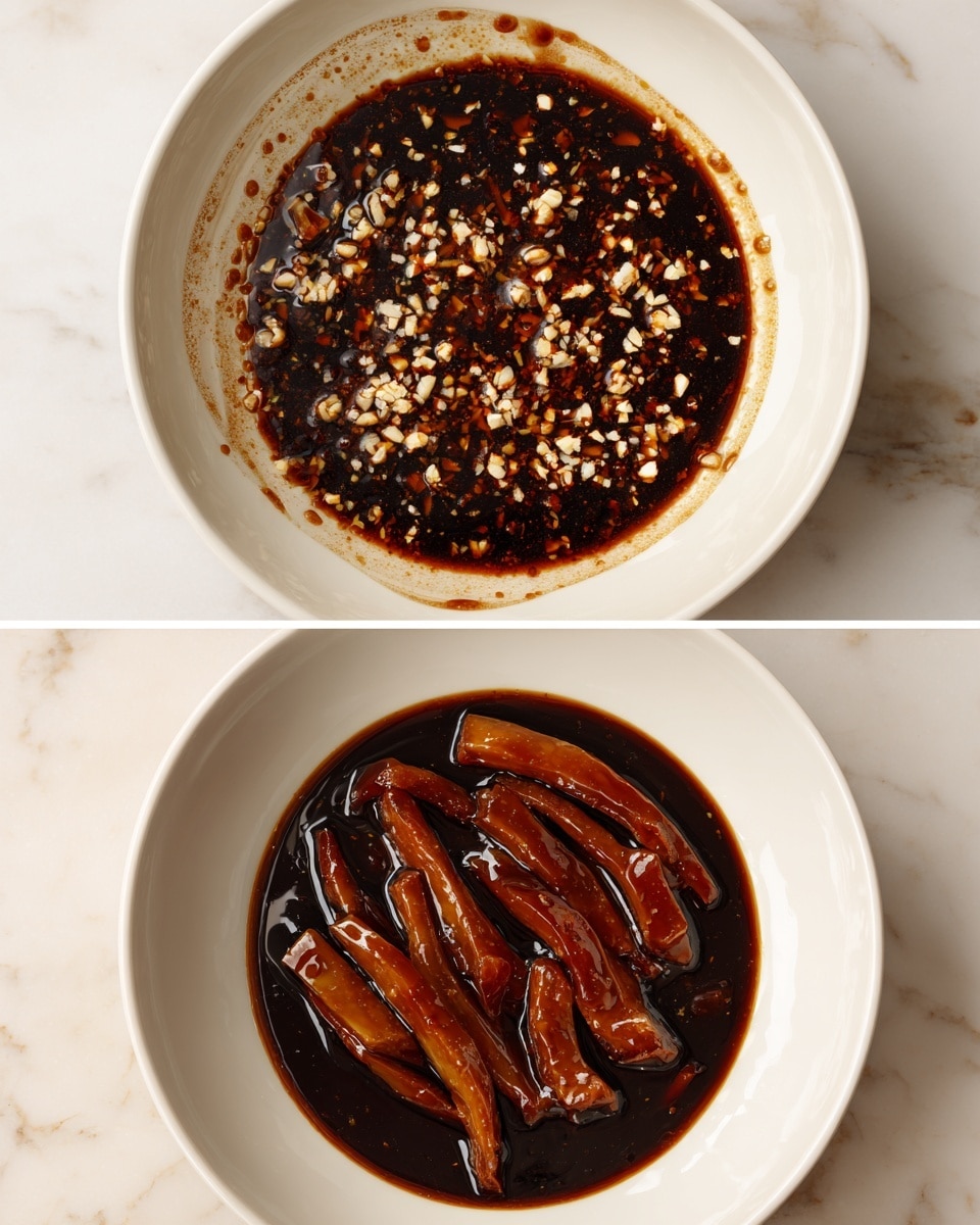 The first image shows a white bowl with a dark brown sauce inside, sprinkled with small white and light beige bits on top, with some sauce splattered lightly around the bowl edges. The second image shows the same white bowl filled with a thick dark brown sauce holding several long, glossy, golden-brown strips of meat partially submerged inside. The bowl is set on a white marbled surface. photo taken with an iphone --ar 4:5 --v 7