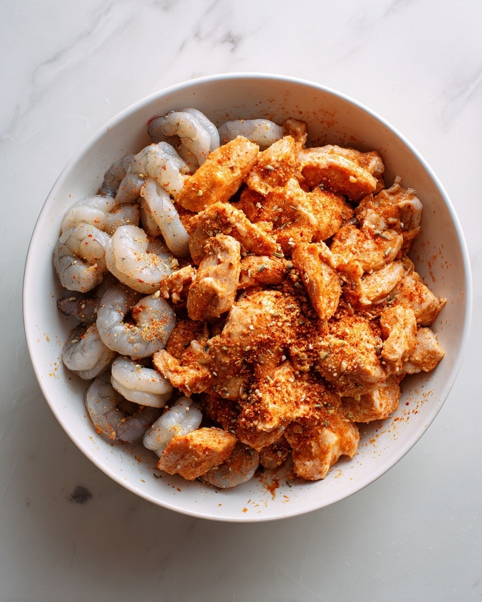 Four small tortillas are arranged in a white marbled surface, each filled with a layer of grilled shrimp and chicken pieces that are golden brown with slight charring, mixed with bright yellow corn and small red tomato chunks. On top of this mix lies fresh green cilantro and a light green creamy sauce drizzled over. Around the tortillas, there are lime wedges, sprigs of fresh cilantro, and small red seasoning flakes scattered. To the left, a small bowl holds a creamy green sauce, and to the top right, a metal bowl contains lemon wedges on a light gray cloth. The overall scene is bright with a fresh, vibrant look. photo taken with an iphone --ar 4:5 --v 7