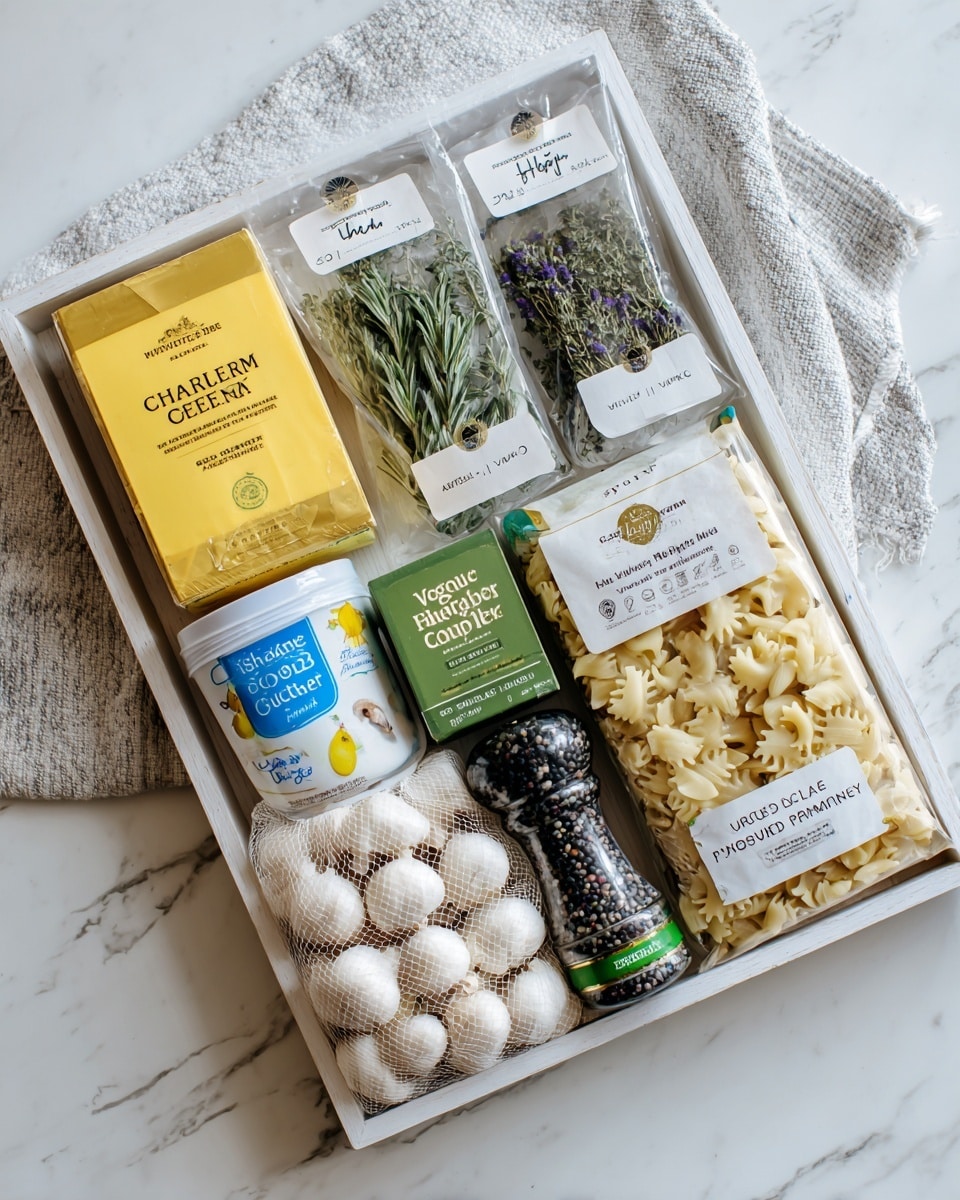 The image shows a white tray placed on a white marbled texture surface, holding various cooking ingredients arranged neatly. In the top left corner, there is a yellow block of vintage cheddar cheese wrapped in gold packaging. Next to it, on the right, are two bags of fresh herbs, one labeled rosemary in a clear bag with a lavender label and the other labeled thyme in a clear bag with a green label. In front of the herbs is a green box of vegetable stock cubes. Below these, a blue container of fresh British double cream is placed near a mesh bag containing several white garlic bulbs. To the right of the garlic sits a black-and-green pepper grinder with a label showing rainbow peppercorns. At the bottom left of the tray is a pack of white closed cup mushrooms in a transparent plastic container with a label. On the bottom right, there is a box of wild porcini mushroom and truffle mezzelune pasta with a window showing the pale yellow pasta inside. Behind the pasta box, part of a white package of grated mozzarella cheese with a yellow label is visible. photo taken with an iphone --ar 4:5 --v 7