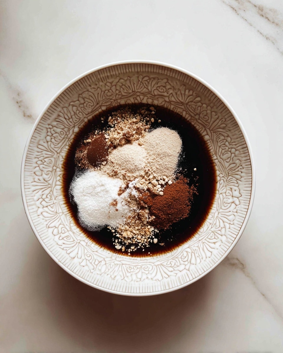 A white bowl with a detailed pattern holds a mix of dark brown liquid and several piles of white and light brown powders scattered on the surface, creating a layered look with the powders resting mainly in the center. The bowl is placed on a white marbled surface. photo taken with an iphone --ar 4:5 --v 7