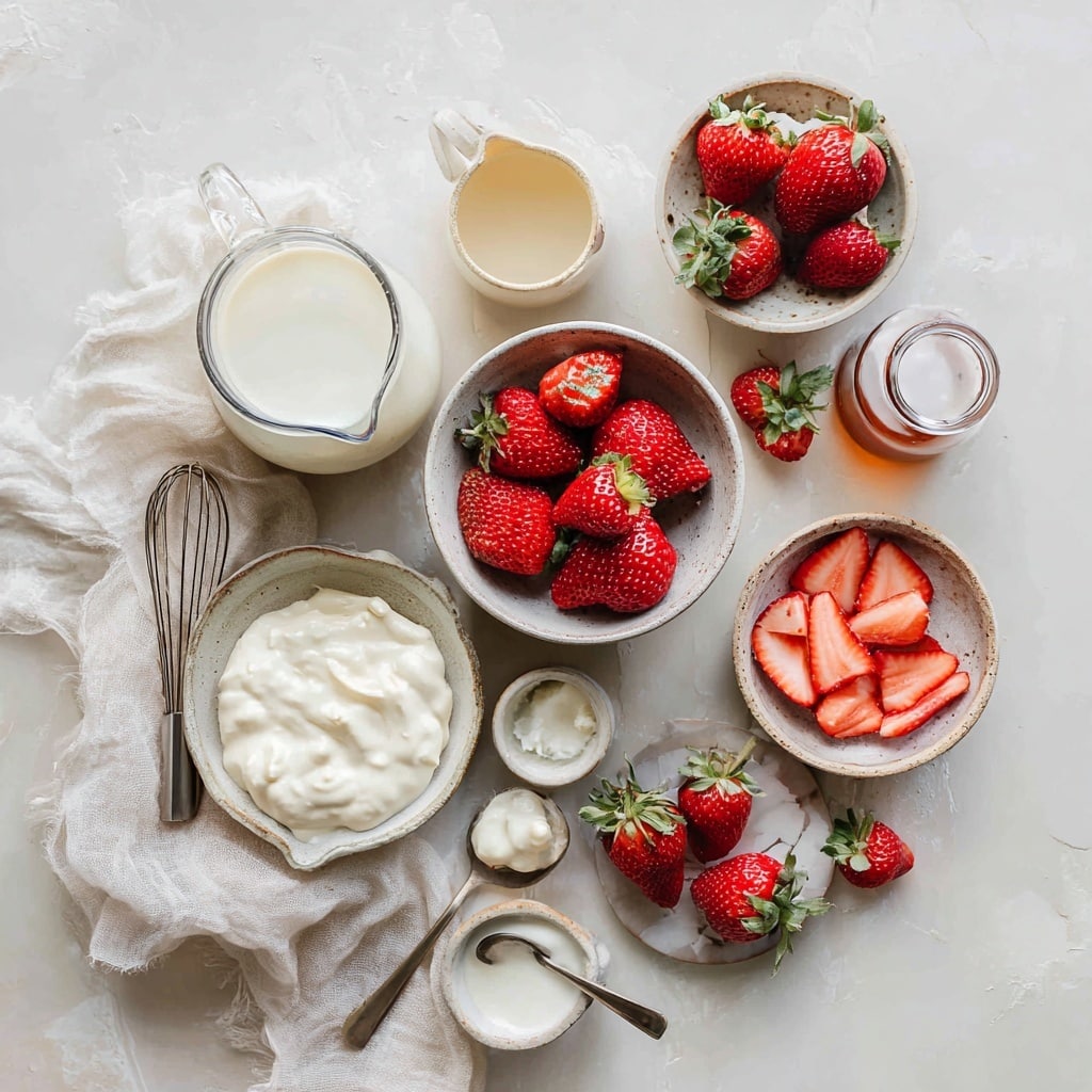 The image shows three clear glass dessert cups filled with a creamy white mixture with red strawberry pieces scattered inside. Each cup has a layer of whipped cream swirled on top, crowned with a halved strawberry showing its bright red and juicy inside. Around the cups, there are whole fresh strawberries placed on a white marbled surface. The creamy layers inside the glasses have a smooth texture, while the strawberries add a fresh, vibrant red contrast. The dessert cups sit on short glass stems, giving the presentation a delicate, elegant look. Photo taken with an iphone --ar 4:5 --v 7