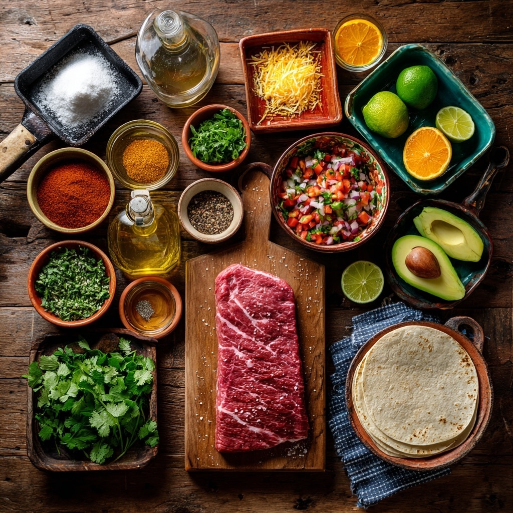 The image shows four parts: top left has a close-up of raw meat inside a clear plastic bag with green herb sauce being poured over it from a glass bowl, on a white marbled surface; top right shows a large grilled piece of meat with dark grill lines on a metal grill; bottom left displays many small, evenly diced pieces of cooked meat on a wooden cutting board with a large white knife at the edge; bottom right features three soft, white tortillas filled with diced meat, chopped green avocado, red sauce, and fresh cilantro on a white plate, with lime wedges and a striped cloth nearby, all on a white marbled surface, photo taken with an iphone --ar 4:5 --v 7