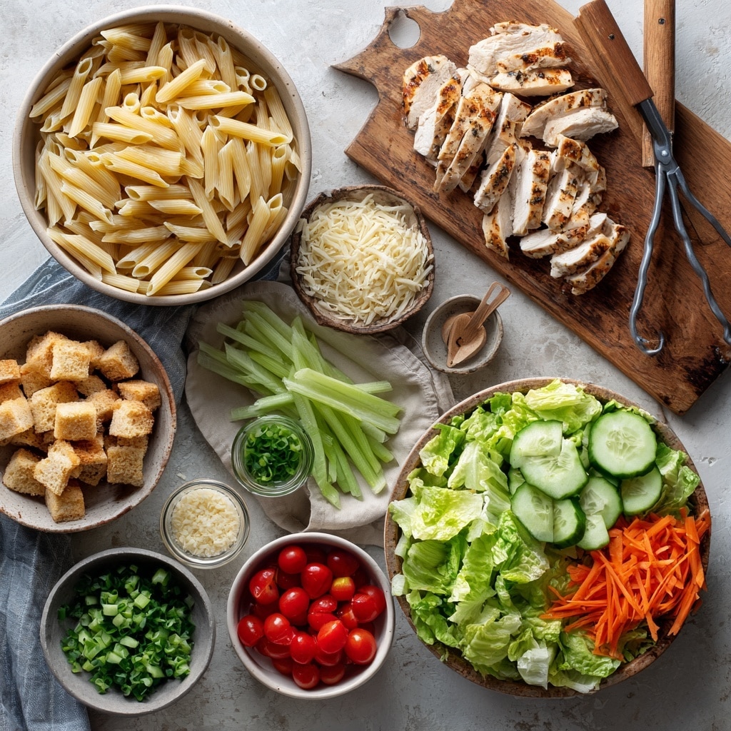 The image shows a collage of four pictures demonstrating how to make a pasta salad. The first picture displays a metal strainer filled with plain light beige penne pasta on a white marbled surface. The second picture features a white bowl with separate layers of ingredients including green leafy lettuce, orange shredded carrots, diced red tomatoes, green cucumbers, sliced green onions, and cubed grilled chicken arranged neatly. The third picture captures the white bowl with all ingredients visible as a creamy white dressing is being poured over them, with a wooden spoon resting in the bowl. The fourth picture shows the ingredients fully mixed together in the bowl, revealing a combined salad with penne pasta, lettuce, carrots, chicken, cucumbers, tomatoes, and creamy dressing evenly spread throughout, a wooden spoon still inside the bowl. photo taken with an iphone --ar 4:5 --v 7