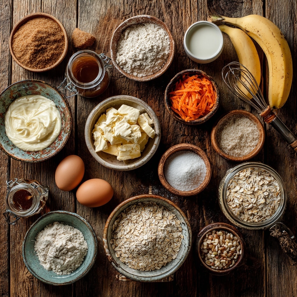The image shows four steps of making carrot muffins. In the first part, there is a clear glass bowl with thick orange batter mixed with small bits of carrot and other ingredients, placed on a white marbled surface. The second part shows a silver muffin tray holding raw batter scoops, orange with visible carrot pieces, filling each section slightly. The third part displays the same silver muffin tray with golden brown baked muffins that have a slightly rough texture on top. The last section features a close-up of one muffin with a bite taken out, revealing the soft inside filled with orange carrot bits and chunks of nuts or similar ingredients, all on a white marbled surface. Photo taken with an iphone --ar 4:5 --v 7