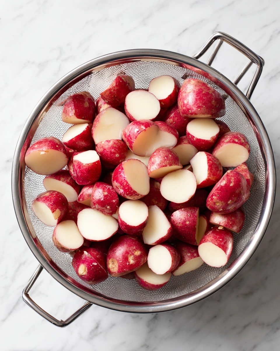A silver metal strainer filled with many quartered small red potatoes showing their white inner flesh, all evenly cut and piled inside the mesh basket, sitting on a white marbled surface, the strainer has two small handles on each side. photo taken with an iphone --ar 4:5 --v 7
