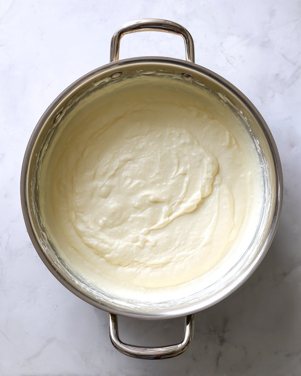 A close-up top view of a shiny silver metal pot filled with smooth, thick, creamy white sauce. The sauce has a slightly glossy texture with soft lumps and is spread evenly, covering the inside of the pot. The pot has two handles on the sides and sits on a white marbled texture surface. The sauce looks rich and hot, with some marks showing it was recently stirred. photo taken with an iphone --ar 4:5 --v 7