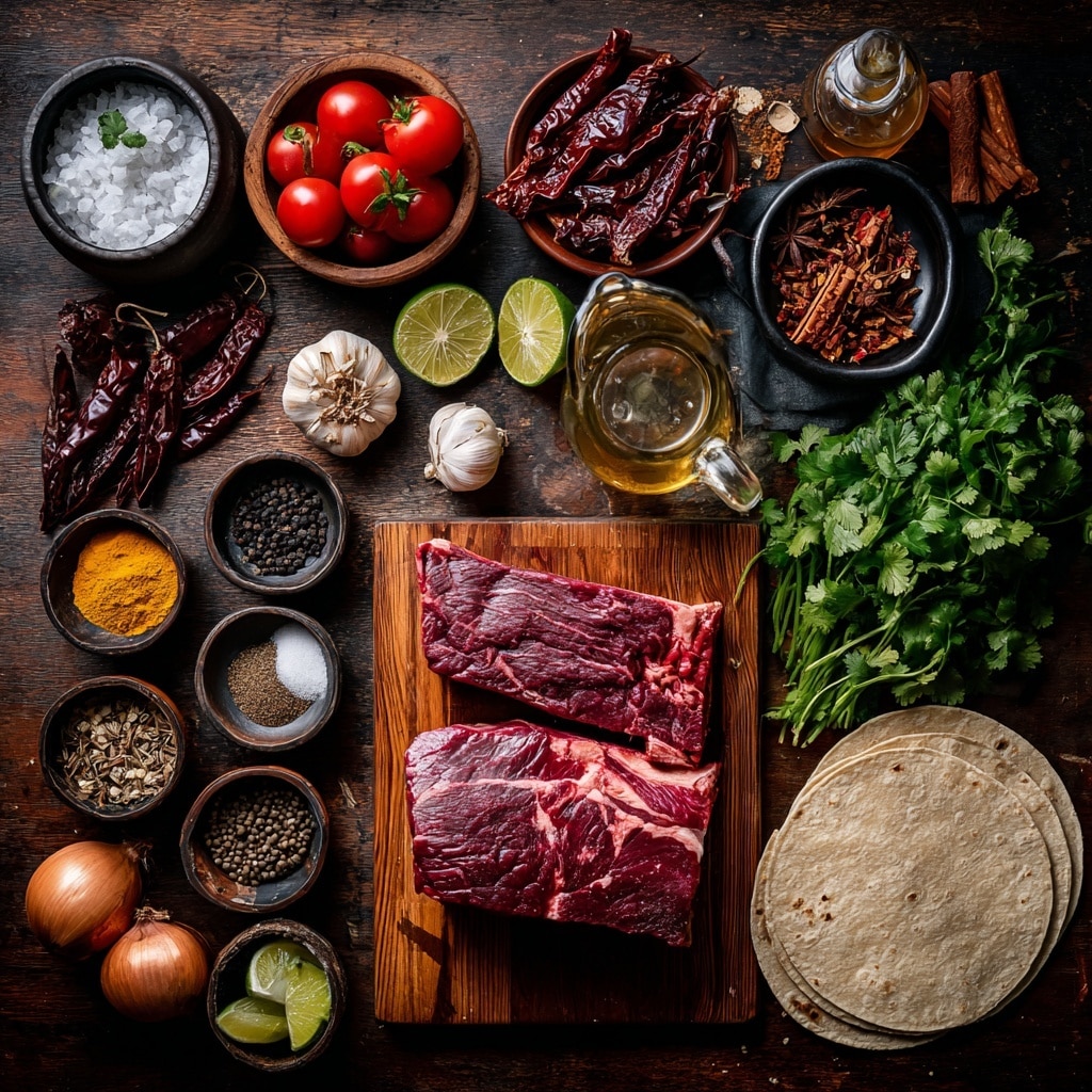 The image shows four steps of making a rich meat sauce. The first frame has a silver pot with many ingredients: dark dried chili peppers, sliced white onions, garlic, and spices all layered together with some red tomato pieces beneath. The second frame shows a blender bowl with a thick, chunky red sauce inside. The third frame returns to the silver pot, now filled with large chunks of dark cooked meat covered in deep red sauce and broth. The last frame presents shredded meat in a white bowl, with dark brown sauce being poured over the meat. The surface under all is white marbled texture. photo taken with an iphone --ar 4:5 --v 7