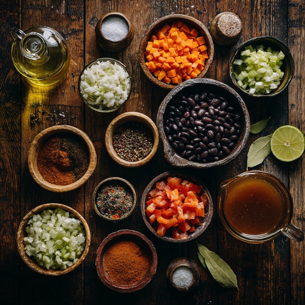 A large white pot filled with a cooked mix of finely chopped orange carrots, green peppers, and light brown onions, with small green herb pieces mixed in. The texture looks soft but not mushy. A long wooden spoon with a light brown color sits inside the pot, partially covered by the cooked mix. Around the pot on a white marbled surface are garnishes including two lime halves, whole lime, red chili peppers, some garlic, and small pink flowers, with a gray and white polka dot cloth to the right. Photo taken with an iphone --ar 4:5 --v 7