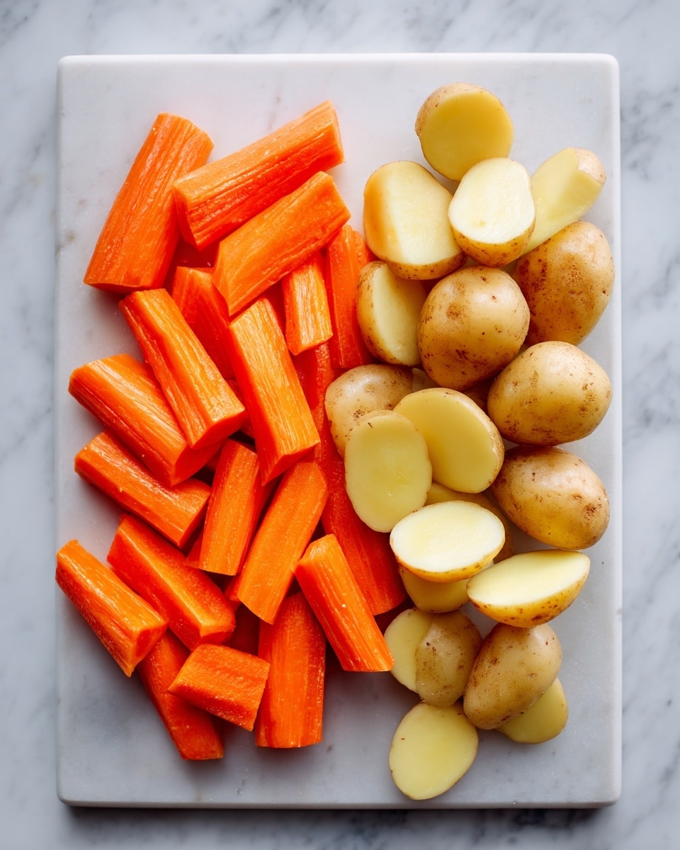 The image shows a white cutting board on a white marbled surface. On the left side of the board, there are several chunky carrot pieces with a bright orange color and smooth texture. On the right side, there are small potato halves with a light brown, slightly rough skin and pale yellow inside. The carrots and potatoes are arranged loosely in two separate groups on the board. Photo taken with an iphone --ar 4:5 --v 7