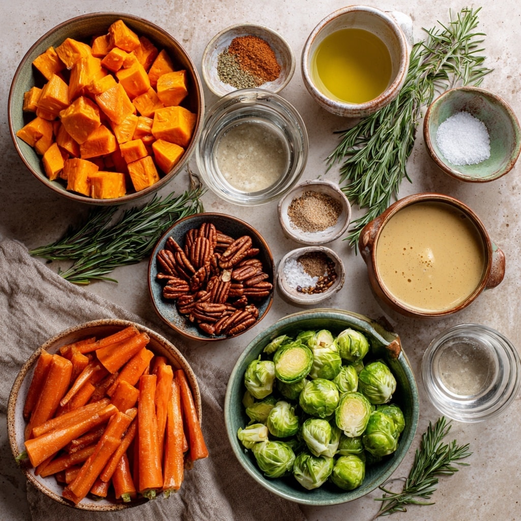 A dark oval plate holds a colorful roasted vegetable dish with three main layers: the bottom layer is a mix of roasted golden brown and orange cubes of sweet potatoes and possibly cauliflower, along with browned Brussels sprouts, all scattered evenly; the middle layer includes bright red pomegranate seeds and whole pecans sprinkled generously, adding texture and contrast; the top layer is a light beige creamy sauce drizzled unevenly across the vegetables, with small green rosemary sprigs adding a fresh look. The plate sits on a wooden surface, next to a white bowl filled with more creamy sauce and a silver spoon, and partially visible pomegranate halves with scattered seeds around. Two silver forks rest on the edge of the plate, ready to eat. photo taken with an iphone --ar 4:5 --v 7