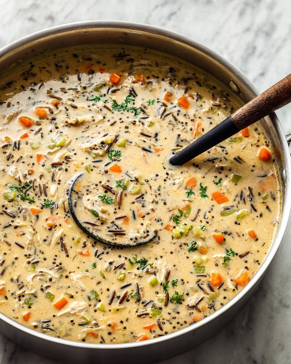 The image shows three white bowls filled with creamy chicken and wild rice soup, placed on a white marbled surface. The soup has a thick beige cream base with visible layers of diced orange carrots, green celery pieces, wild rice grains in black and brown, and chunks of light-colored chicken mixed throughout. Some freshly cracked black pepper is sprinkled on top of the soup, adding texture. To the bottom left, there is a portion of light golden toasted bread with a crisp texture. On the bottom right, a small bowl holds fresh bright green parsley leaves. The scene is bright and clean, with a spoon resting in one of the bowls. Photo taken with an iphone --ar 4:5 --v 7